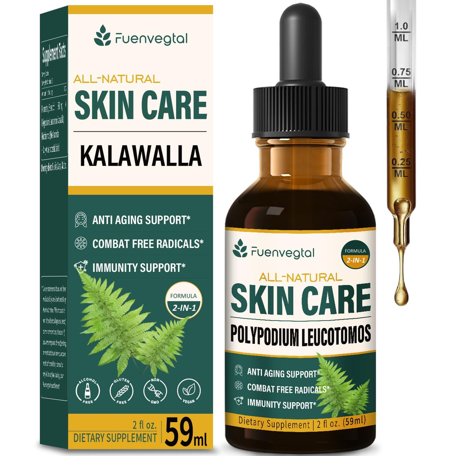 Polypodium Leucotomos Skin Care Drops, Natural Nicotinamide Kalawalla Root Extract Liquid Supplement Supports Anti-Aging, Combats Free Radicals, and Promotes Skin Health Immunity. 2oz