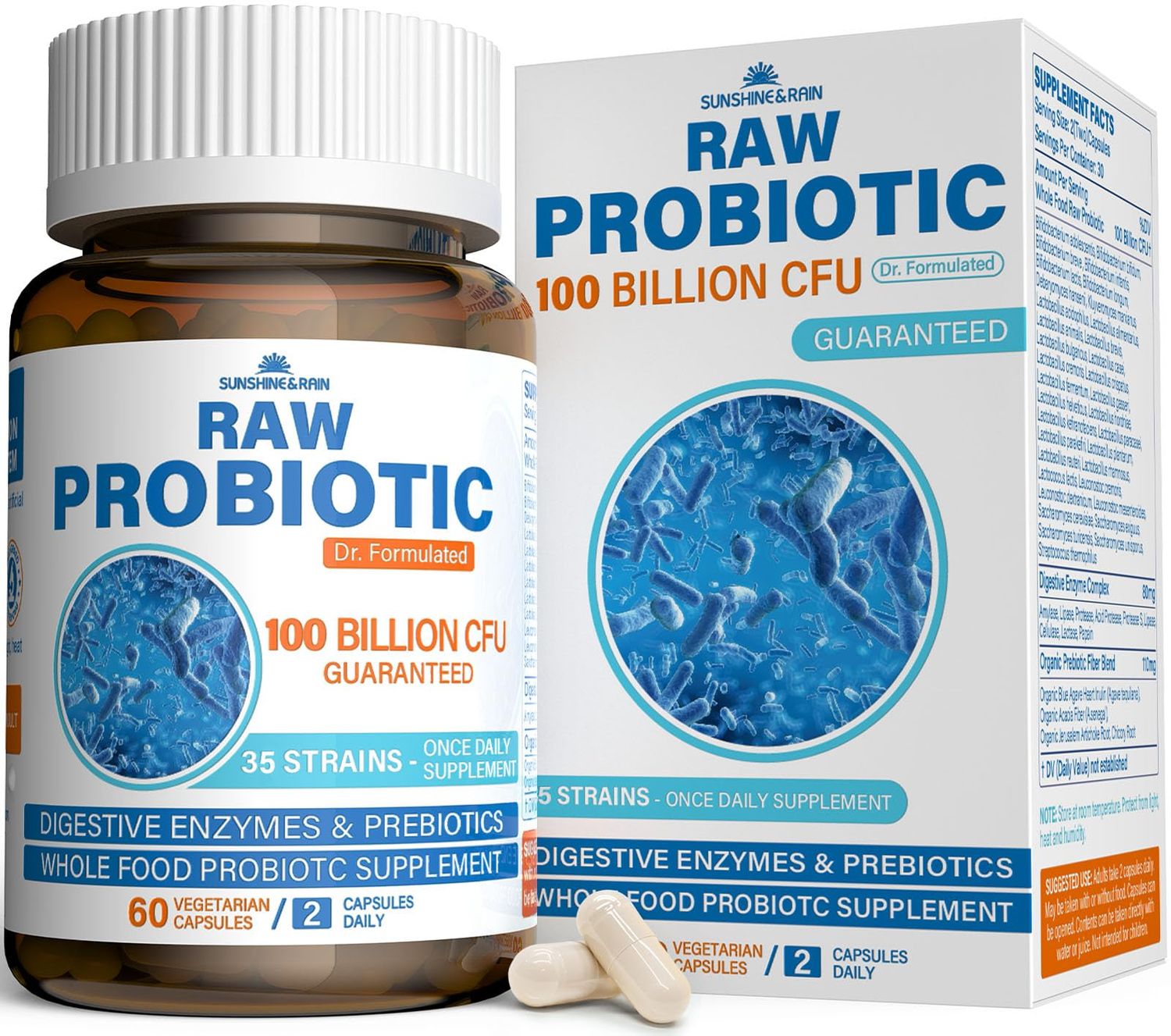 Raw Probiotics for Women Men - 100 Billion CFU, 35 Strains, Organic Prebiotics Natural Digestive Enzymes for Digestive, Gut Immune Health - Dairy, Soy and Gluten Free, Non-GMO, 60 Vegan Capsules