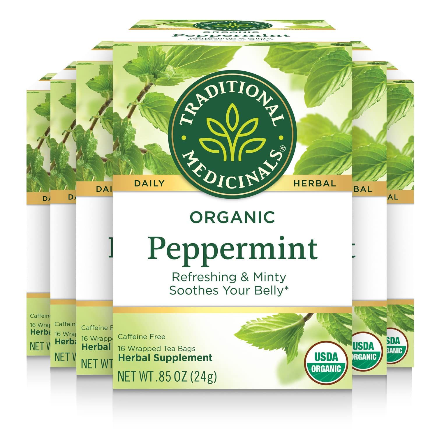 Traditional Medicinals Tea, Organic Peppermint, Soothes Your Belly, Refreshing Minty, 96 Tea Bags (6 Pack)