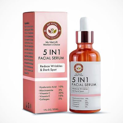 My Vital Lift Women&#39;s Choice 5 in 1 Facial Serum, 1 fl oz, Reduce Wrinkles Dark Spots, 10 Hyaluronic Acid, 5 Niacinamide, 30 Vitamin C, 10 Vitamin E, 5 Collagen