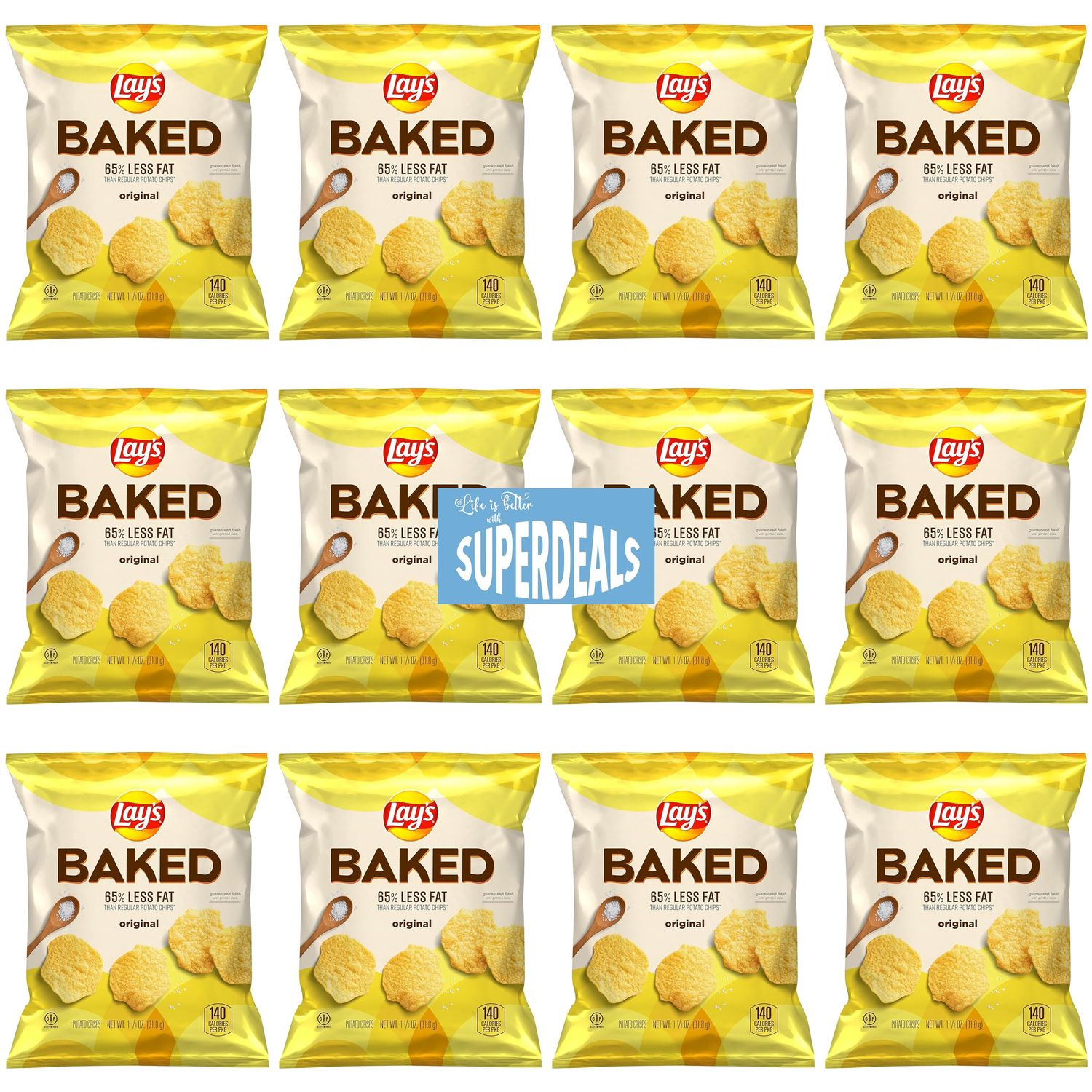 Baked, Lay&#39;s Original Potato Crisps, 1.125 Ounce (Pack of 12) Value Pack Bundled by SUPERDEALS with Mystery Gift