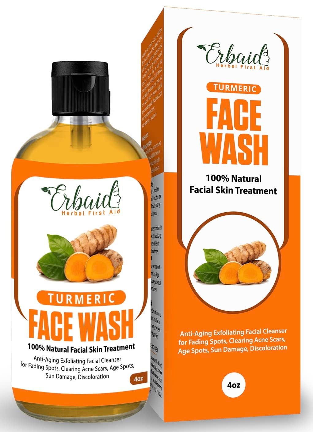 Erbaid Turmeric Face Wash, 4oz Clear Skin Liquid Soap - 100 Natural Exfoliating Turmeric Facial Cleanser - Turmeric Brightening Soap Skin Detox Treatment Made in USA