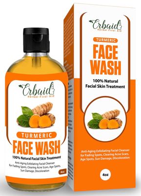 Erbaid Turmeric Face Wash, 4oz Clear Skin Liquid Soap - 100 Natural Exfoliating Turmeric Facial Cleanser - Turmeric Brightening Soap Skin Detox Treatment Made in USA