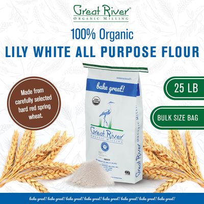 Great River Milling Organic All-Purpose Flour Lily White All-Purpose Flour Unbromated Unbleached Non-GMO Kosher Balanced Protein Gluten Bulk for Bread Maker, Ovens 25 Lb