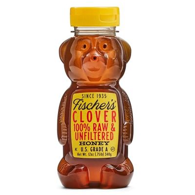 Fischer&#39;s Clover Honey, 12 Oz - 100 Pure, Raw Unfiltered Honey - Squeezable Bear Bottle - Gluten-Free, Non-GMO - All-Natural Sweetener