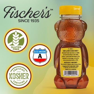 Fischer's Clover Honey, 12 Oz - 100 Pure, Raw Unfiltered Honey - Squeezable Bear Bottle - Gluten-Free, Non-GMO - All-Natural Sweetener
