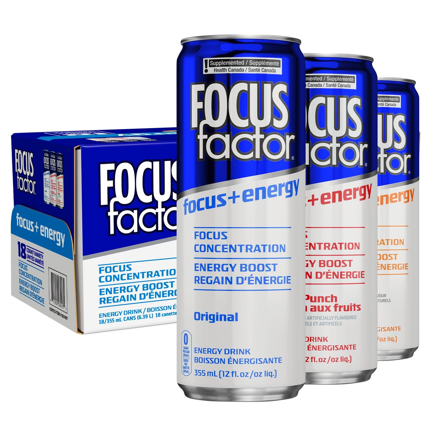 Focus Factor Energy Drink - 18 x 355ml Cans - Variety Pack (Original, Orange, Fruit Punch) - with Focus Energy - Lightly Carbonated, Sugar Free, Low Calorie with Vitamin B6 Vitamin B12