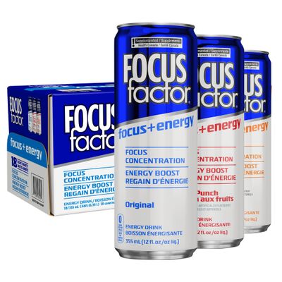 Focus Factor Energy Drink - 18 x 355ml Cans - Variety Pack (Original, Orange, Fruit Punch) - with Focus Energy - Lightly Carbonated, Sugar Free, Low Calorie with Vitamin B6 Vitamin B12