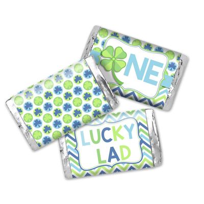 Lucky Lad First Birthday Mini Chocolate Candy Bar Sticker Wrappers for Kids, 45 1.4&quot; x 2.6&quot; Wrap Around Labels by AmandaCreation, Great for Party Favors
