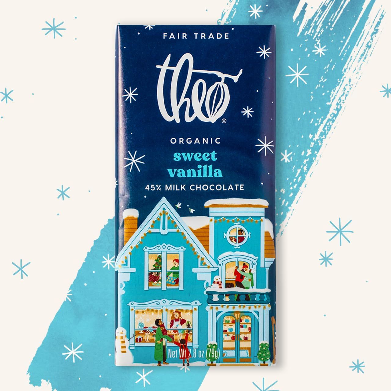 Theo Chocolate Holiday Sweet Vanilla Organic Milk Chocolate Bar, 45 Cacao, 12 Pack Fair Trade