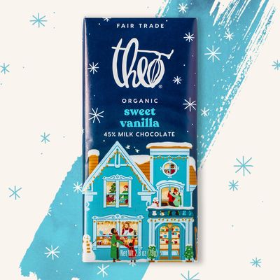 Theo Chocolate Holiday Sweet Vanilla Organic Milk Chocolate Bar, 45 Cacao, 12 Pack Fair Trade