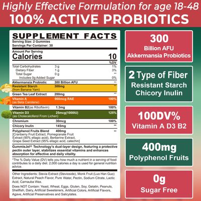 Akkermansia Probiotics Gummies with Prebiotics Fiber, 300 Billion AFU Akkermansia Muciniphila, with Polyphenol Fruits, Resistant Starch, Vitamin A D3 B2 for Metabolism, Digestive Gut Health, 1Pack