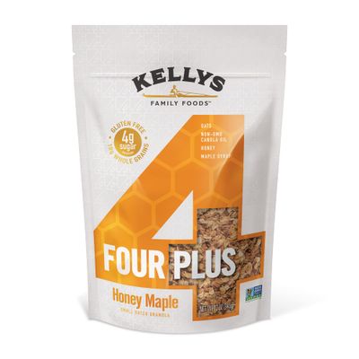Kelly&#39;s Four Plus Granola (Honey Maple) Healthy Granola Cereal with Whole Grain Oats, Honey, Maple Syrup - Non-GMO, Low Sugar, Sodium Free and Gluten Free Granola for Yogurt - 12oz