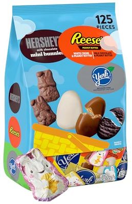 Hershey Bulk Easter Chocolate Candy Variety Pack, 125 pcs Individually wrapped Assorted Milk Chocolate Candy Bars, Peanut Butter Eggs, Mini Bunnies, Dark Peppermint Patty Eggs - Easter Candy 58 Oz Bag