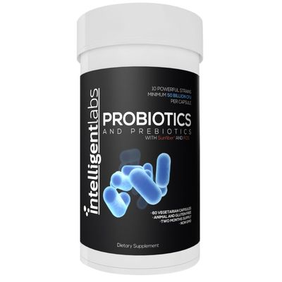 Intelligent Labs 50 Billion CFU Probiotic with Prebiotics, No Refrigeration Needed, with Sunfiber and FOS for 10x More Effectiveness, 60 Days Supply Per Bottle, Third-Party Verified for Purity
