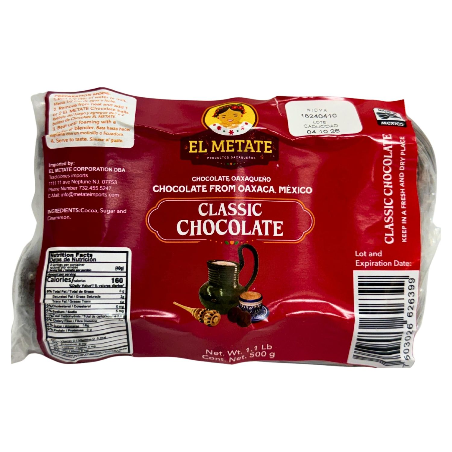 El Metate Oaxacan Chocolate - Authentic Mexican Chocolate Balls, Traditional Oaxaca Recipe, Classic Flavor, Perfect for Hot Chocolate, 1.1 lb (500g) Pack of 6