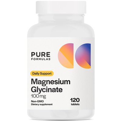 PureFormulas Magnesium Glycinate 100 mg Daily Support for Stress, Nerves, Sleep, Muscles, Metabolism Pure Magnesium Glycinate Supplement for Women and Men Magnesio Non-GMO 120 Tablets