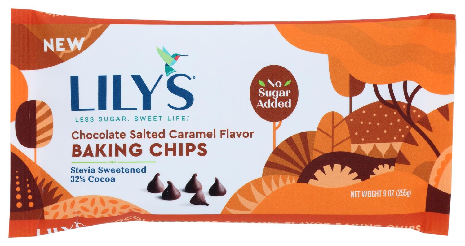 Lily&#39;s Chocolate Salted Caramel Flavor Baking Chips, No Sugar Added, Kosher, Gluten Free, 9 Ounce (Pack of 12)