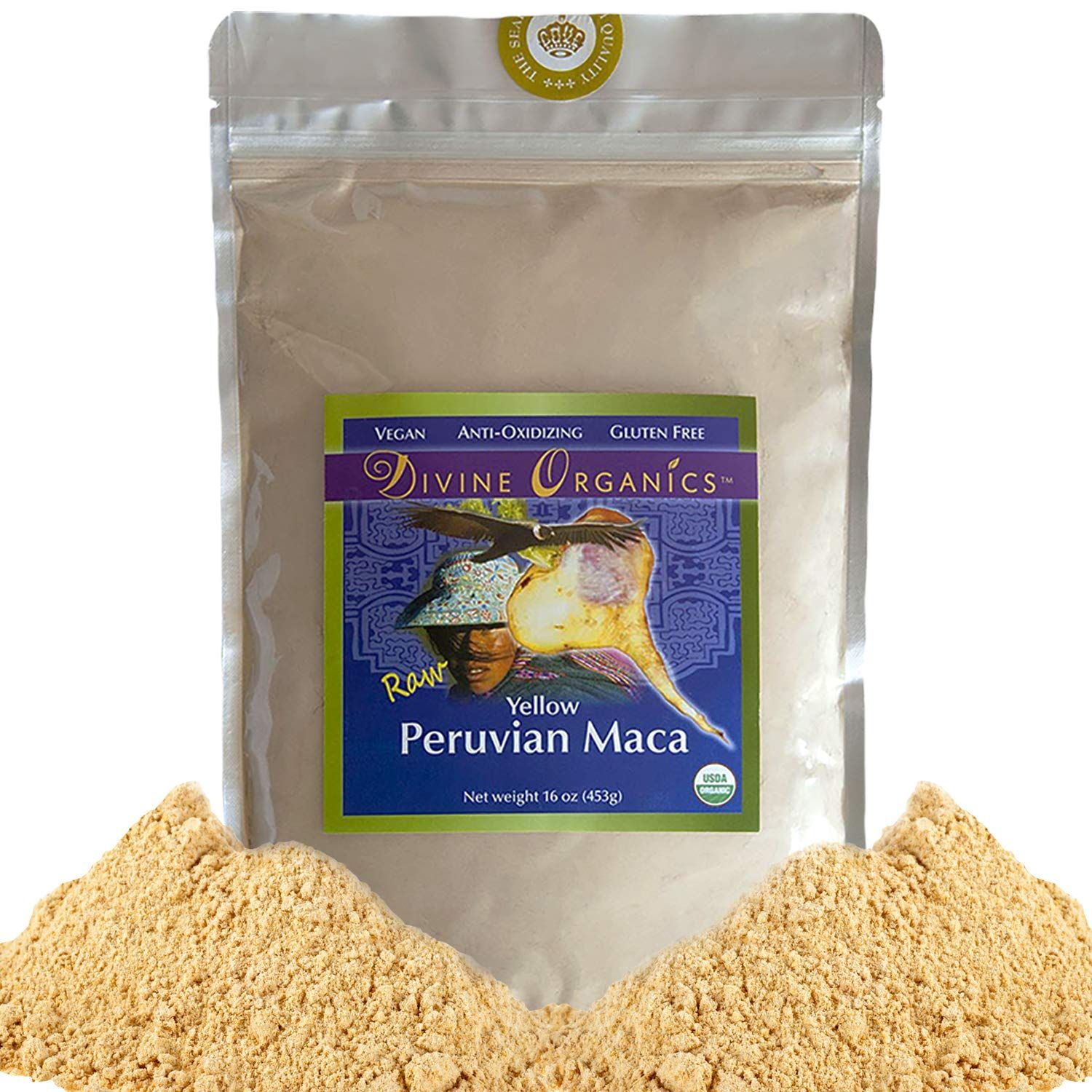 Divine Organics, 16oz Maca Powder - Certified Organic - Raw, Vegan, Anti-Oxidizing, Gluten Free - Yellow Peruvian Maca Root