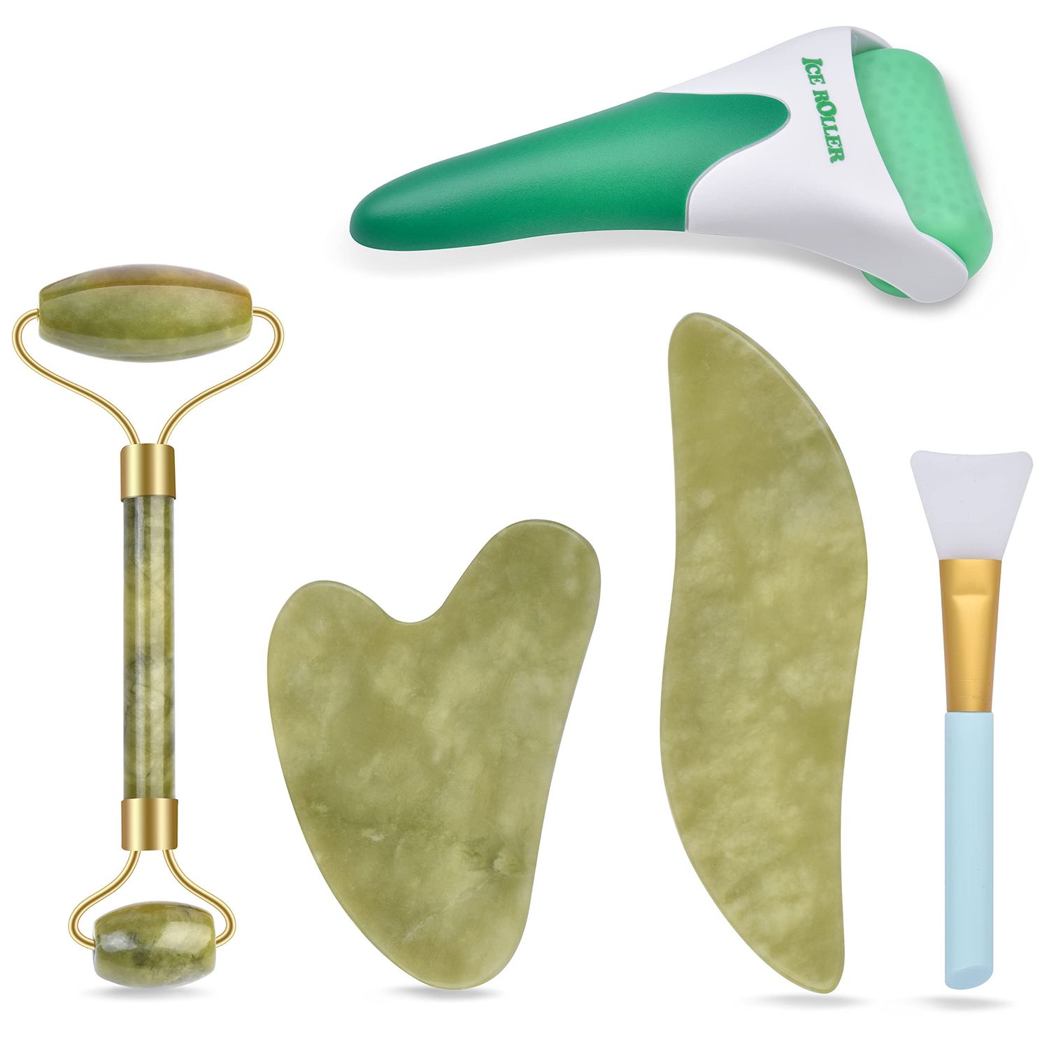 Charmonic 6 in 1 Ice Roller Jade Roller and Gua Sha Set, Facial Massage Kits, Facial Roller Kit with Gua Sha Tool and Silicone Brush, Anti-Aging Jade Stone Massager for Face, Eyes, Neck Massage