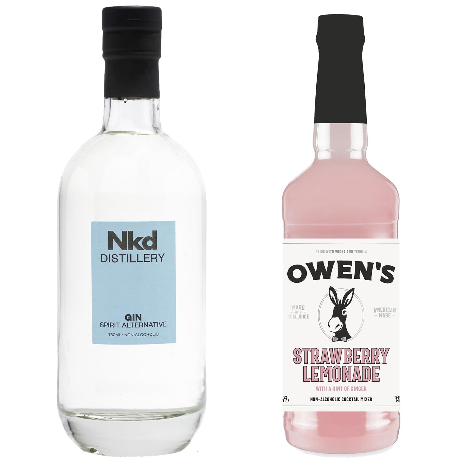 Nkd Distillery Gin Alternative Premium Non-Alcoholic Spirit 750 ML Bottles w Owen s Mixers Strawberry Lemonade 32 OZ Bottles - Perfect for Mocktails - Made in USA