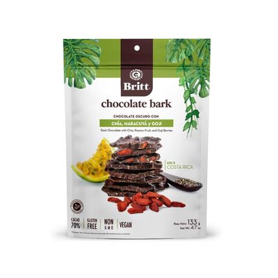 Britt Chocolate Bark with Chia, Passion Fruit Goji - Dark Chocolate 70 Cacao - Gluten-Free, Vegan, Non-GMO - Made in Costa Rica - 4.7 ounces (1 pack)