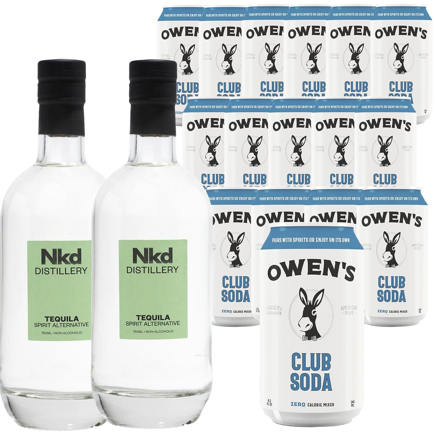 Nkd Distillery Tequila Alternative Premium Non-Alcoholic Spirit 750 ML Bottles w Owen s Mixers Club Soda 8.2 OZ Cans - Perfect for Mocktails - Made in USA