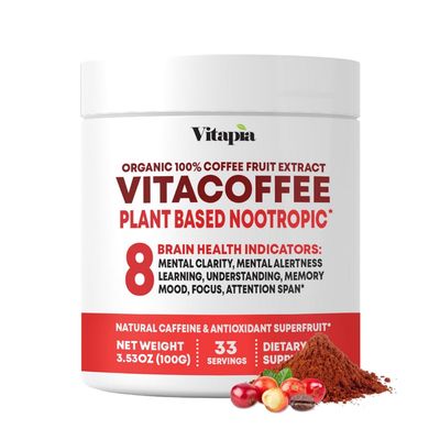 Vitacoffee Caffeine Coffee Fruit Powder for Energy, Memory, Focus, Antioxidant, Metabolism, Skin Health Support - 100g 33 Day Supply - Non-GMO, Gluten-Free, Vegan Supplement