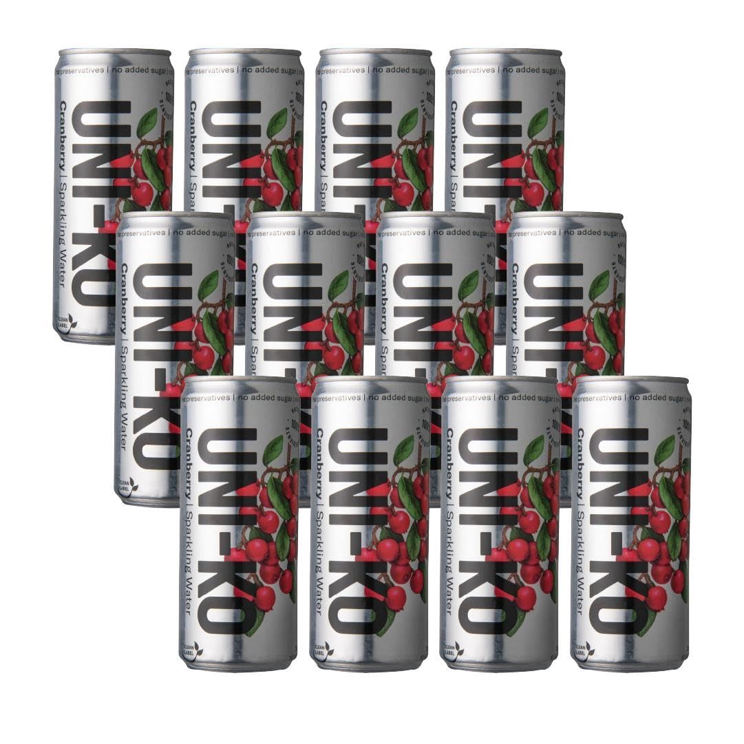 UNI-KO Sparkling Cranberry Flavored Water, Refreshing Carbonated Beverage with Natural Ingredients, No Preservatives or Added Sugars, 10.5 fl oz, 12 pack