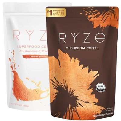 RYZE n Shine Bundle, USDA Organic RYZE Mushroom Coffee Probiotic Coffee Creamer with 6 Adaptogenic Mushrooms and MCT Oil or Better Energy, Focus, Digestion, Immunity with Turkey Tail, 60 servings