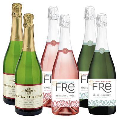 Non Alcoholic Wine 6 Pack Fre Brut Champagne, Chateau De Fleur Sparkling and Fre Sparkling Rose Business Holiday Gift Ideas Sampler Pack