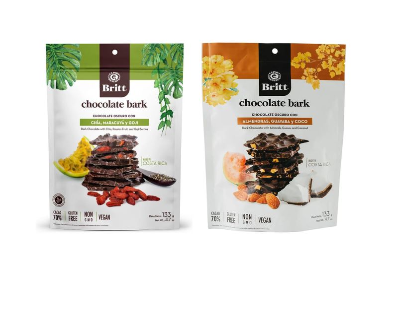 Britt Chocolate Bark - 2 Pack - 70 Dark Chocolate with Chia, Passion Fruit Goji Almonds, Guava Coconut - Gourmet, Vegan, Gluten-Free - Made in Costa Rica - 4.7 oz Each