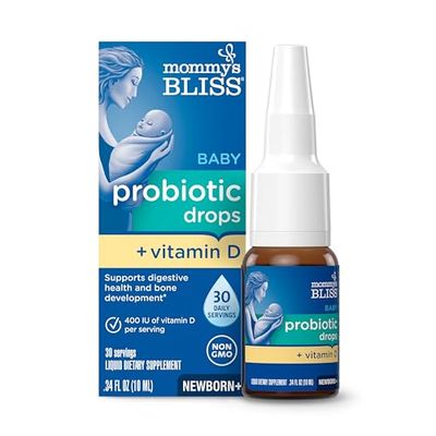 Mommy&#39;s Bliss Baby Probiotic Drops Vitamin D, Supports Digestive Health and Immunity, 400IU Vitamin D for Healthy Bone Development, Newborns , Flavorless, 0.34 Fl Oz (30 Servings)