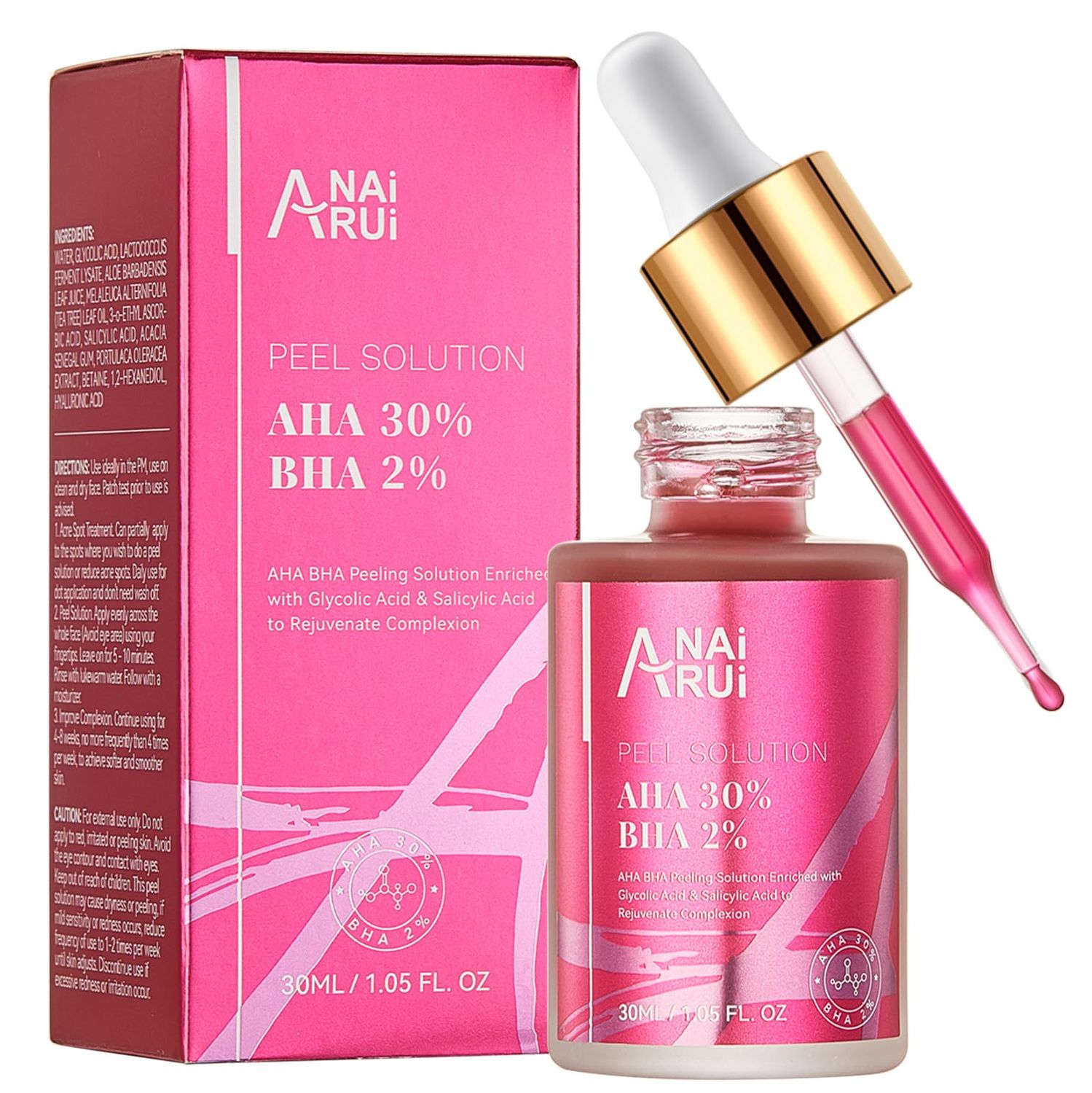AHA BHA Face Peel Peeling Solution - Glycolic Acid 30 Salicylic Acid 2 Face Exfoliator 1 Fl.oz