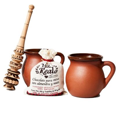 Hot Chocolate Lovers Gift Set by Verve CULTURE Villa Real Hot Chocolate with Almonds Wooden Molinillo Frother 2 Handcrafted Mexican Clay Mugs Small Set