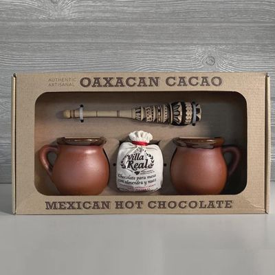 Hot Chocolate Lovers Gift Set by Verve CULTURE Villa Real Hot Chocolate with Almonds Wooden Molinillo Frother 2 Handcrafted Mexican Clay Mugs Small Set
