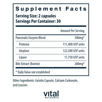 Vital Nutrients Pancreatin Ox Bile Extract 500mg Natural Digestive Enzymes for Women Men Supports Digestion of Protein, Fat, and Carbohydrates Gluten, Dairy Soy Free 60 Capsules