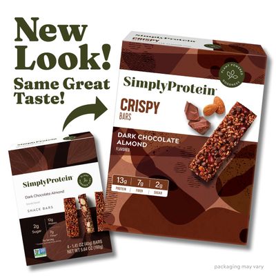 Simply Protein - Dark Chocolate Almond Crispy Bars - Plant Based Protein Bars - Low Carb, Low Sugar, High Fiber - 13g Protein, 2g Sugar, 7g Fiber - Vegan, Gluten Free, Non GMO, Kosher - 32 Bars