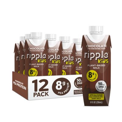 Ripple Kids Chocolate Plant Based Milk 8g of Quality Sourced Pea Protein, Calcium Rich Shelf Stable Vegan Non GMO Dairy, Soy, Nut, Gluten, Lactose Free 8 Fl Oz Cartons (Pack of 12)