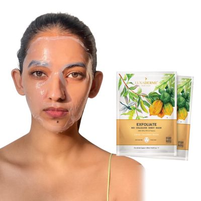 LuxaDerme Exfoliate Bio Cellulose Face Sheet Mask with Green Tea Papaya Serum Exfoliates dead skin cells resurfaces moisturizes the skin All skin type. 100 Fermented Coconut Jelly (Pack of 5)