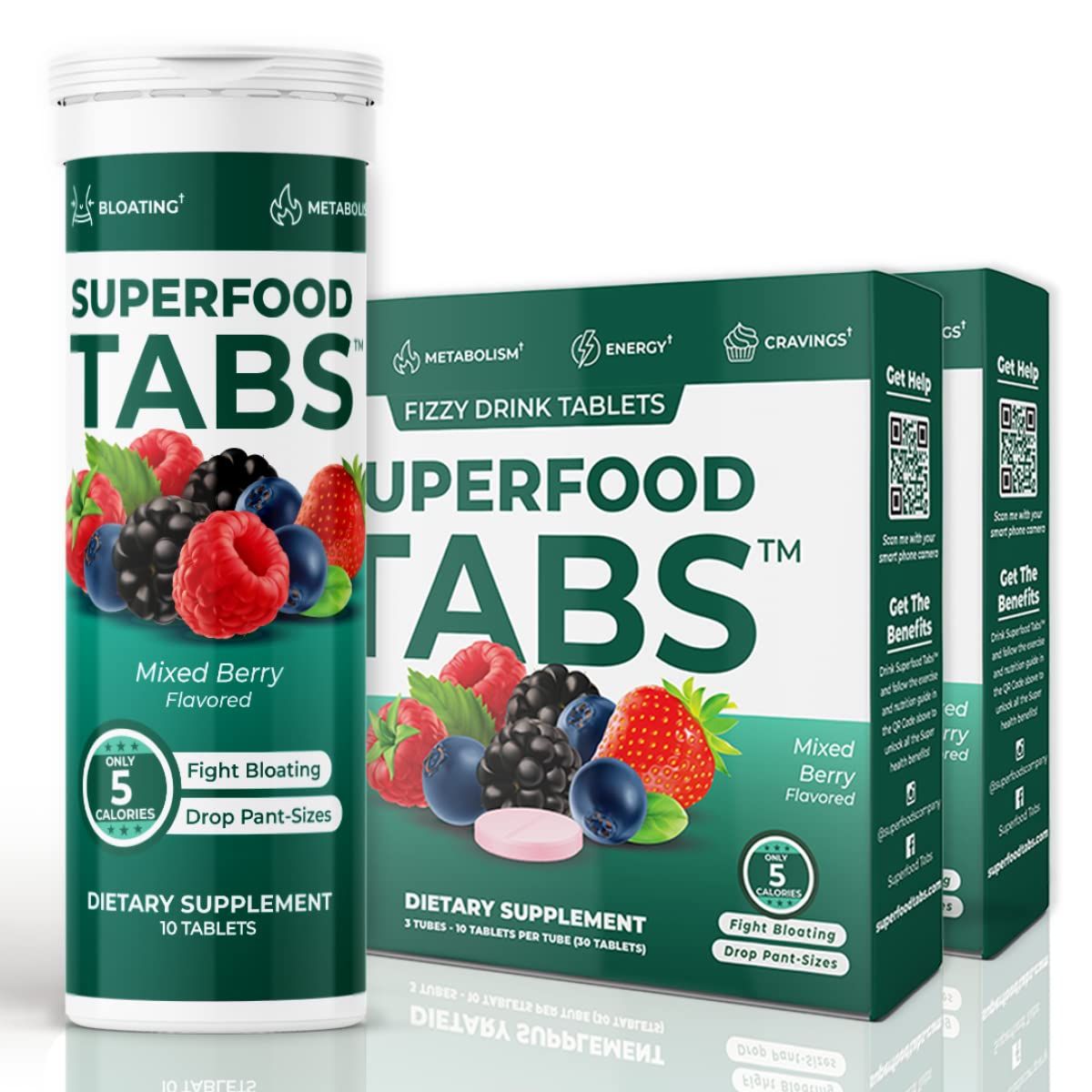 Superfood Tabs Superfoods Company Detox Cleanse Drink - Nutrition Supplement for Women Men - Support Healthy Weight, Digestive Health, Cravings Bloating Relief - Mixed Berry Flavor [60 Tablets]