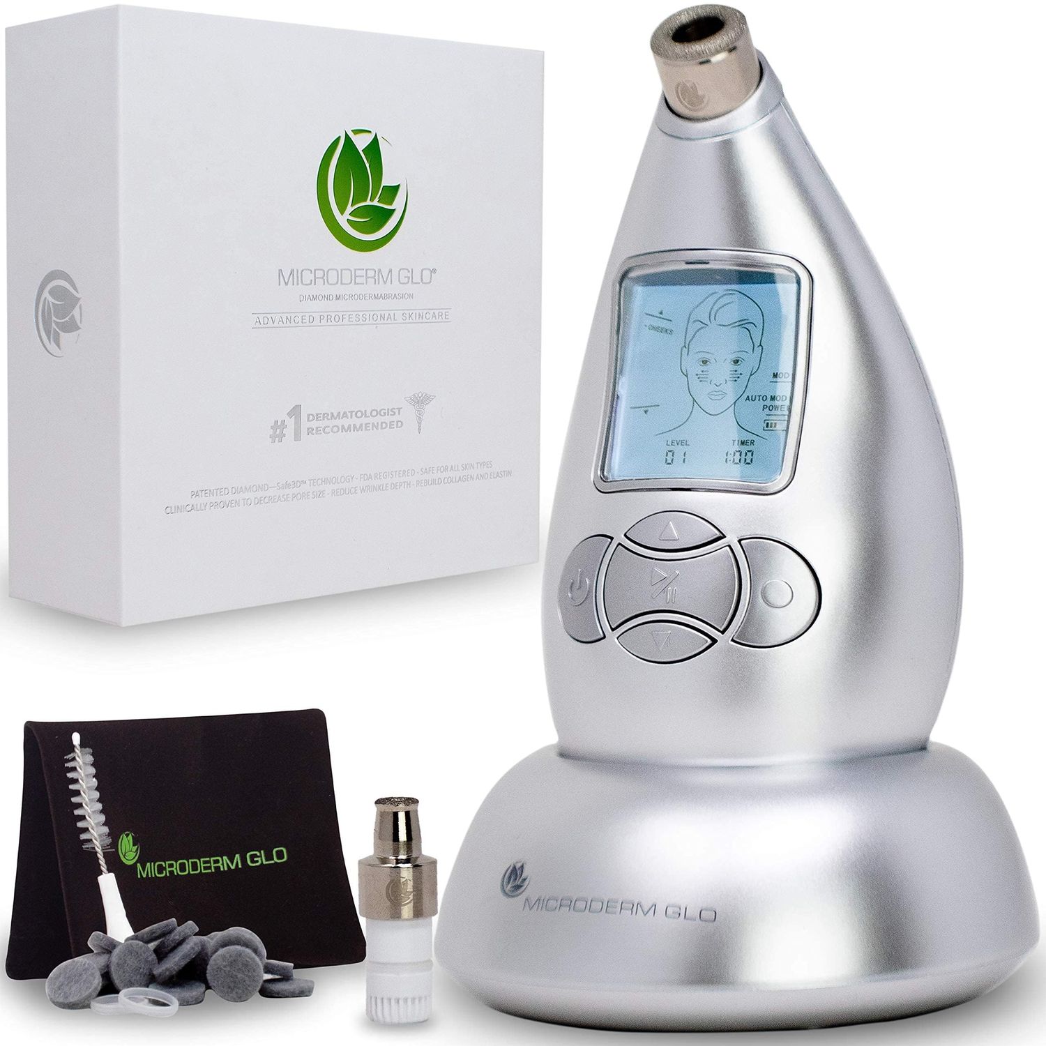 Microderm GLO Diamond Microdermabrasion Machine and Suction Tool - Clinical Micro Dermabrasion Kit for Anti Aging, Advanced Home Facial Treatment System, Blackhead Remover Exfoliator for Acne Scars