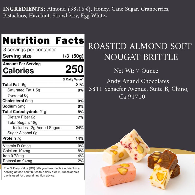 Andy Anand Roasted Almond Soft Nougat Brittle, offering 14 bite-sized wrapped pieces with 5 delightful flavors, imported from Europe for a delectable taste experience, and it's gluten-free (7 Oz)