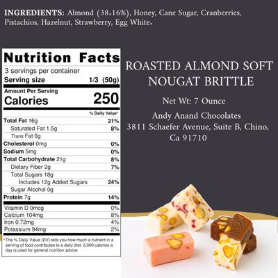 Andy Anand Roasted Almond Soft Nougat Brittle, offering 14 bite-sized wrapped pieces with 5 delightful flavors, imported from Europe for a delectable taste experience, and it's gluten-free (7 Oz)