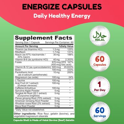 SHIFAA NUTRITION Energize, Natural Daily Energy Vitamins Jitter-Free, 60 Servings Supports Focus, Mood, Brain, Metabolism wCaffeine Taurine, B1, B2, B5, B6, B7, B9, B12 Halal Vitamins