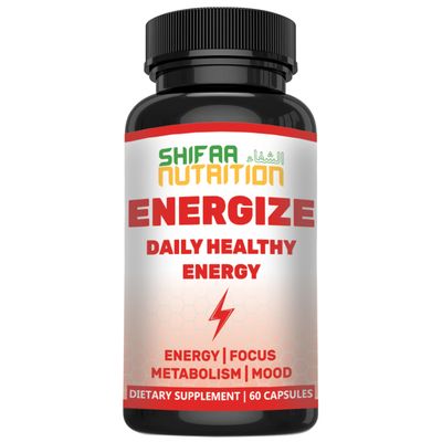 SHIFAA NUTRITION Energize, Natural Daily Energy Vitamins Jitter-Free, 60 Servings Supports Focus, Mood, Brain, Metabolism wCaffeine Taurine, B1, B2, B5, B6, B7, B9, B12 Halal Vitamins