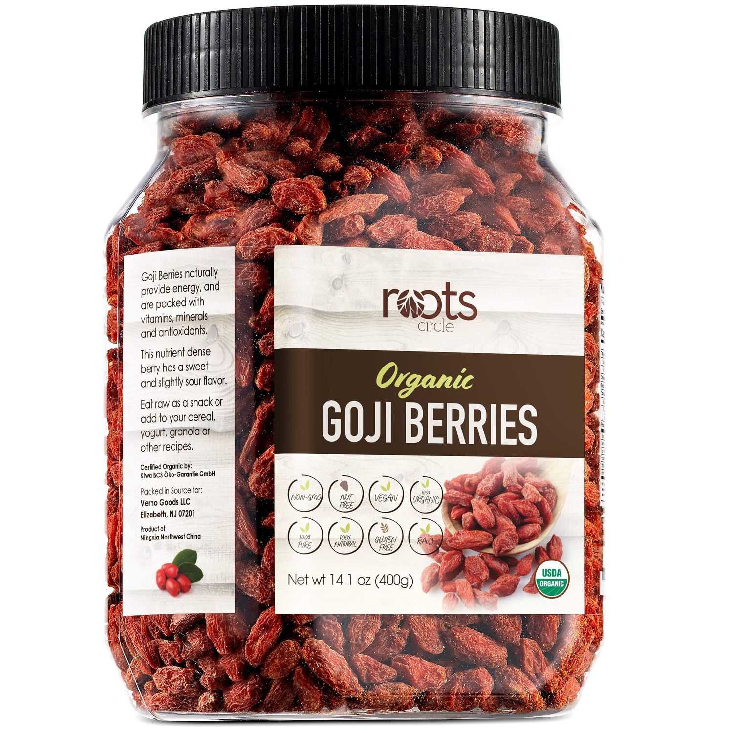 Roots Circle USDA Organic Dried Goji Berries 14.1oz Jar 1 Pack Bulk Supply of Goji Berry Fruit Superfood Naturally Rich in Antioxidants to Support Healthy Skin Raw, Natural, Vegan, Non-GMO, Kosher