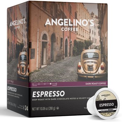 Angelino&#39;s Coffee Espresso Pods Keurig Compatible - 24 Count, Dark Roast Coffee for Keurig K-Cup Brewers, Cafe Style, Best Strong Espresso Coffee Pods (24 Count, Espresso)