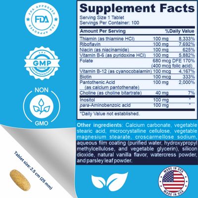 Super B-100 Complex - All B Vitamins Including B12, B1, B2, B3, B5, B6, B7, B9, Folate - High Potency B-Vitamins with Choline, Inositol PABA - Energy Metabolism Support - 100 Tablets