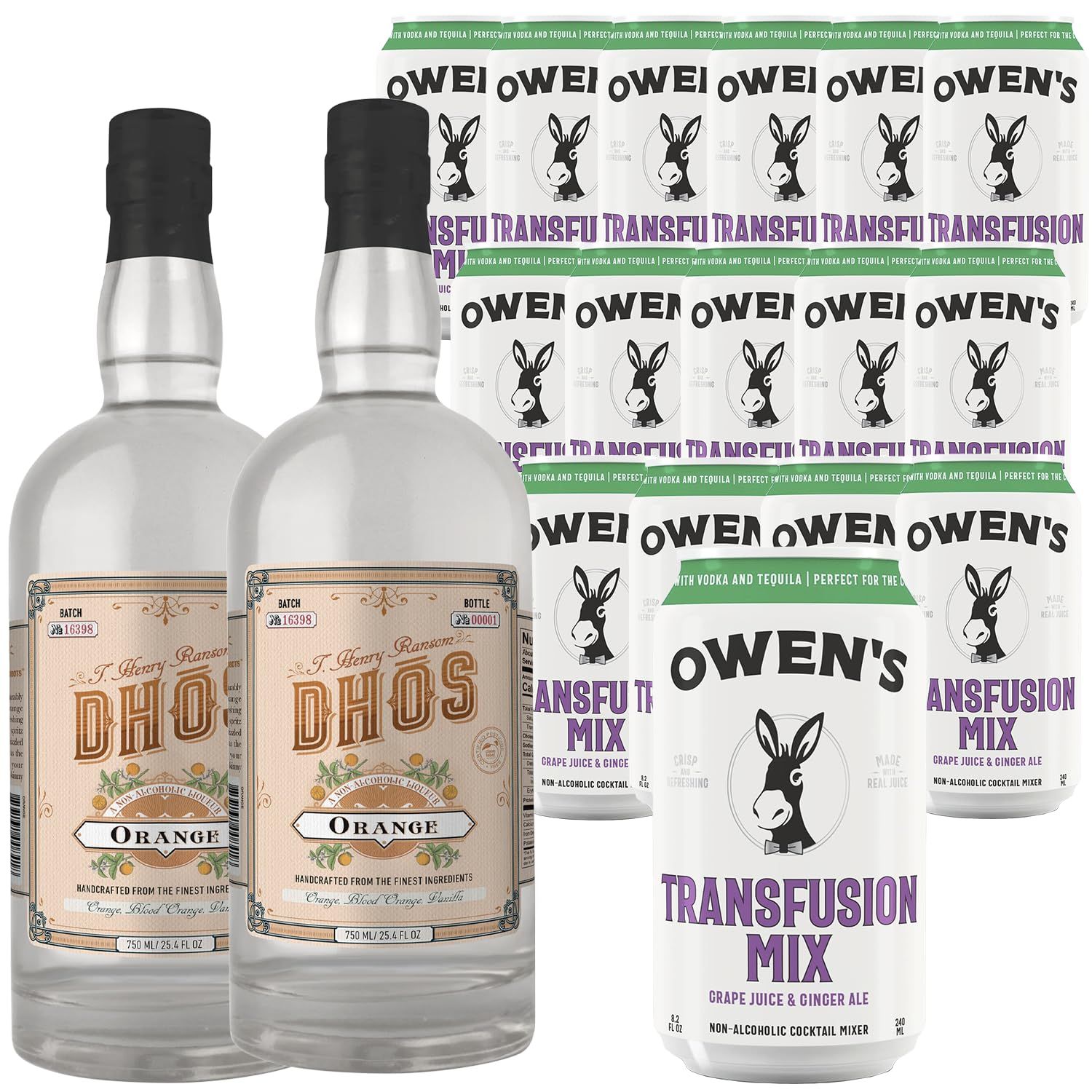Dh s Handcrafted Non-Alcoholic Orange 750 ML Bottles w Pack Owen s Mixers Transfusion Mix 8.2 OZ Cans - Keto-Friendly, Zero Sugar, Zero Calories, Zero Proof - Perfect for Mocktails - Made in USA
